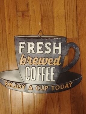 FRESH Brewed Coffee Wall Sign - Blue Gray and Gold